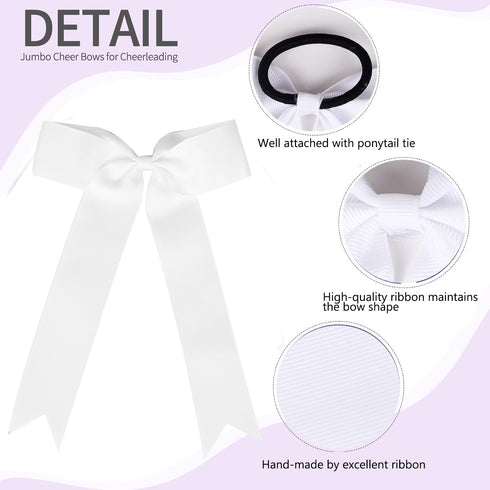 Hipcheer 20pcs Collegiate Style Cheer Bows for Girls, Handmade Long Tail Skinny Ponytail Holder for Sports (White)