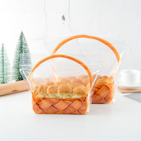 Roppolo 50 7.9 Inch Packaging pcs Large Clear Bread Plastic Bags with Handle, Sealing Zipper Loaf with Basket Pattern
