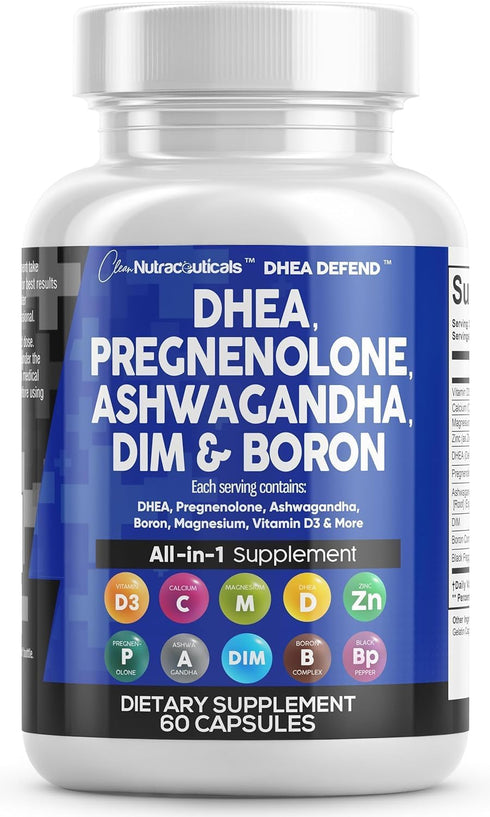 DHEA 200mg Supplement - 60 Ct - Pregnenolone 100mg for Men & Women with DIM, Ashwagandha 3000mg, Boron, Calcium,