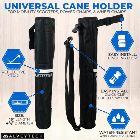 AlveyTech Universal Cane Holder - Bag fits Drive, Pride, Jazzy, Golden, Mobility Scooter, E-Bikes, Rollators Medical