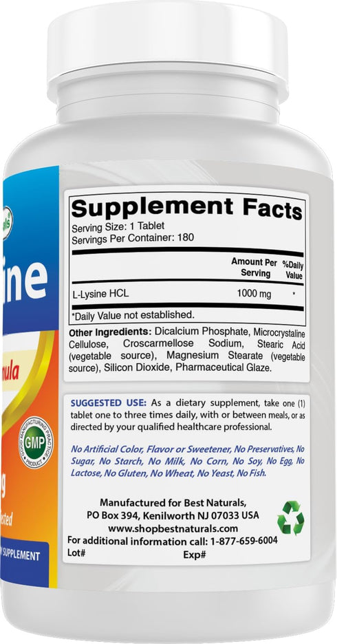 Best Naturals L-Lysine 1000mg, 180 Tablets for Immune Health & Cold Sores