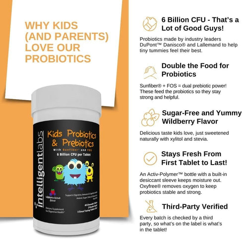 Intelligent Labs 6 Billion CFU Kids Probiotics with Prebiotics, Chewable Probiotic for 10x Effectiveness, 60-Day Supply