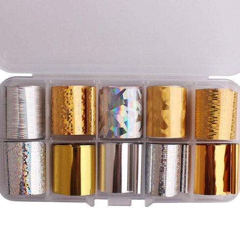 WOKOTO 10 Rolls Gold And Silver Foil Nail Art Adhesive Stickers - Starry Sky Laser Nail Transfer Wraps for Manicure