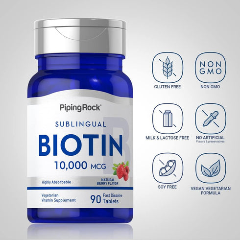 Biotin 10000mcg by Piping Rock - 90 Berry Flavor Tablets, Vegetarian, Gluten Free