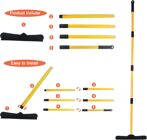 Pet Hair Removal Push Broom with Squeegee, Soft Silicone Bristle, Long Handle, Non-Scratch Carpet Sweeper Brush (Orange)