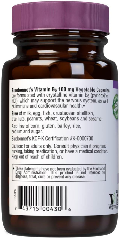 BlueBonnet Nutrition Vitamin B6 Vegetable Capsules, 100 mg - 90 Count - Supports Cardiovascular & Nervous System Health