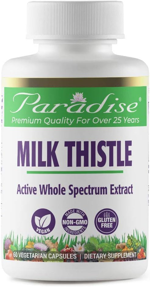 Paradise Herbs Milk Thistle, Active Whole Spectrum Extract, Vegan, Non GMO, Gluten Free, 60 Vegetarian Capsules