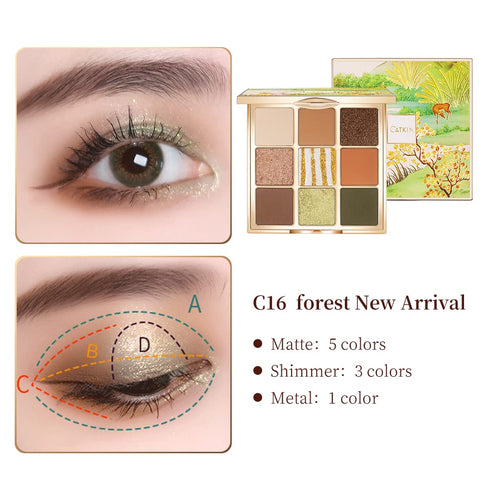 Catkin Eyeshadow Palettes, 9 Blendable Shades, Smooth Long Lasting Matte and Glitter Eye Makeup (C16)