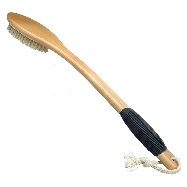 OWIIZI Wooden Curved Bath Brush with Long Handle - Antiskid Shower Brush for Exfoliating, Natural Bristle