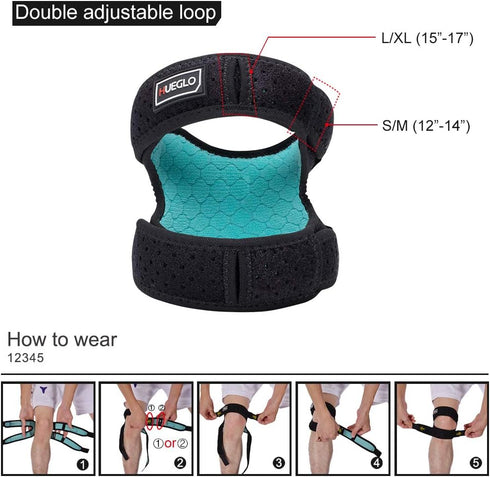 HUEGLO Dual Patella Knee Strap - Adjustable Neoprene Knee Brace for Pain Relief, Injury Recovery, Black (1 Piece)