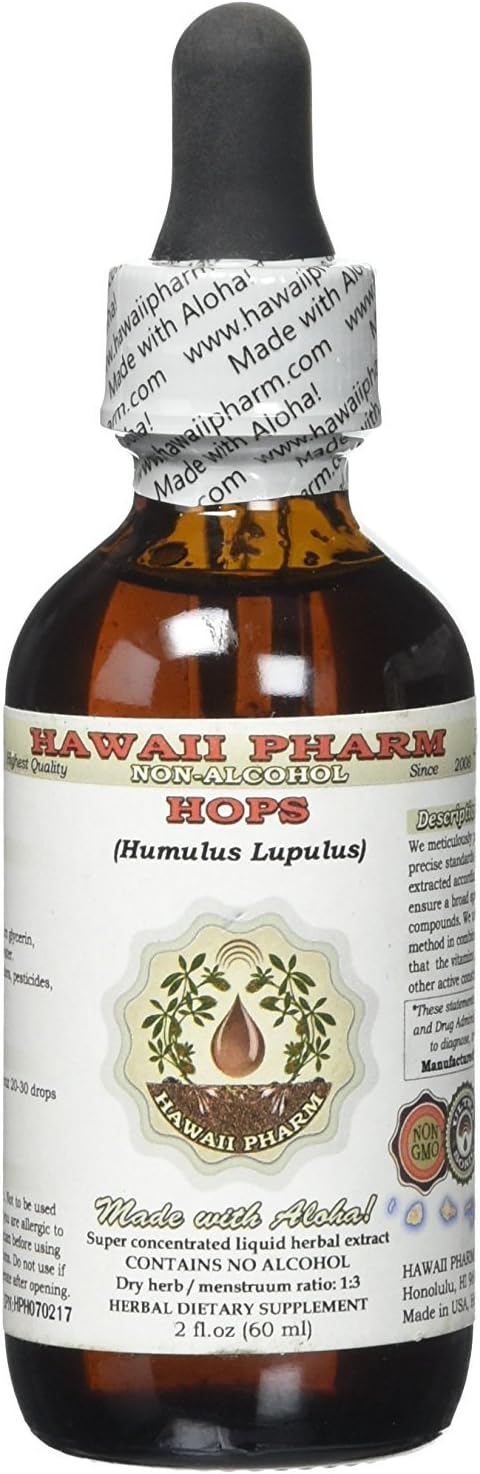 Hops Alcohol-Free Liquid Extract, Organic Hops Dried Flower Glycerite, Hawaii Pharm, 2 oz