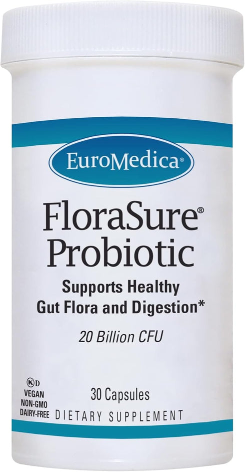 Euromedica FloraSure Probiotic, 30 Capsules, Supports Healthy Gut Flora & Digestion, Vegan, Non-GMO, Dairy Free