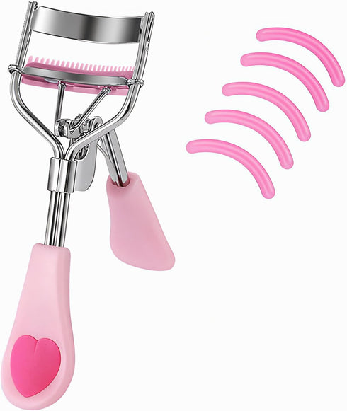 Stainless Steel Eyelash Curler with Comb, Pain-Free for All Eye Shapes, 5 Silicone Refill Pads, Light Pink