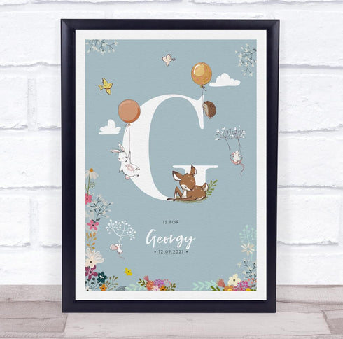 The Card Zoo New Baby Birth Details Christening Nursery Woodland Animals Initial G Gift Print