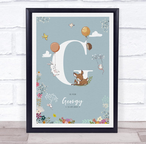 The Card Zoo New Baby Birth Details Christening Nursery Woodland Animals Initial G Gift Print