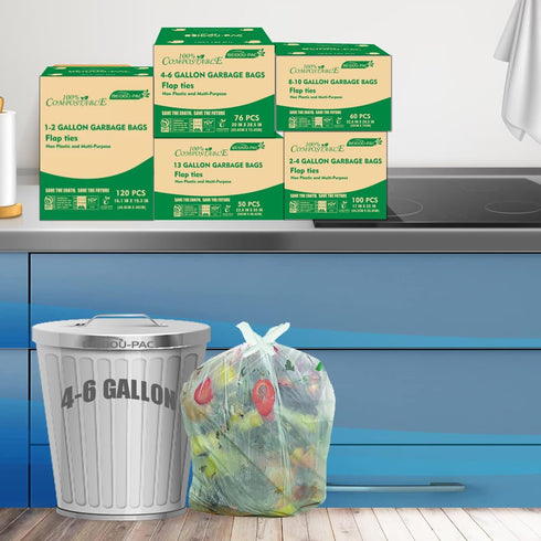 4-6 Gallon Flap Tie Compostable Trash Bags, 76 Count, Sturdy Biodegradable Kitchen Trash Bags, ASTM D6400, US BPI