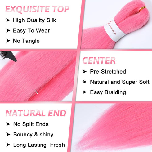 Pre Stretched Braiding Hair Extensions, 26 Inch Synthetic Hair, 6 Packs, Pink