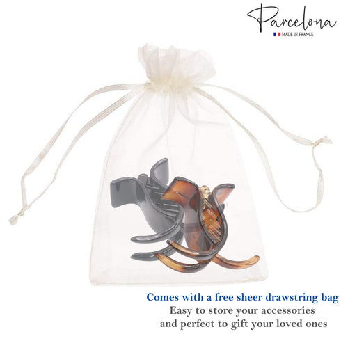 Parcelona French Small Three Teeth Pony Fish Style Hair Claw Clip Clamp, Strong Grip, Tortoise Shell and Black