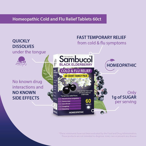 Sambucol Cold and Flu Relief Tablets - Homeopathic Cold Medicine for Adults, Black Elderberry, Zinc Cold Remedy