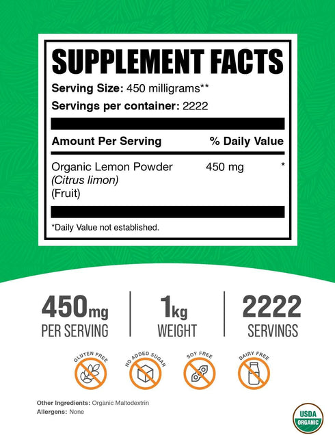 BulkSupplements.com Organic Lemon Powder, Natural Vitamin C Source, Fruit Powder for Immune Support, 450mg per Serving,
