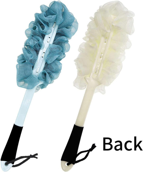 2 Pack Back Scrubber for Shower, Soft Loofah Sponge with Non-slip Handle, Blue and White