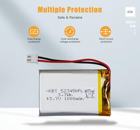 KBT 3.7V 1000mAh Li-Polymer Battery, 523450 Rechargeable with PH 2.54 JST Connector