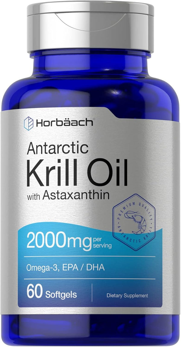 Horbaach Antarctic Krill Oil 2000mg, 60 Softgel Capsules | Omega-3, EPA, DHA Supplement with Astaxanthin