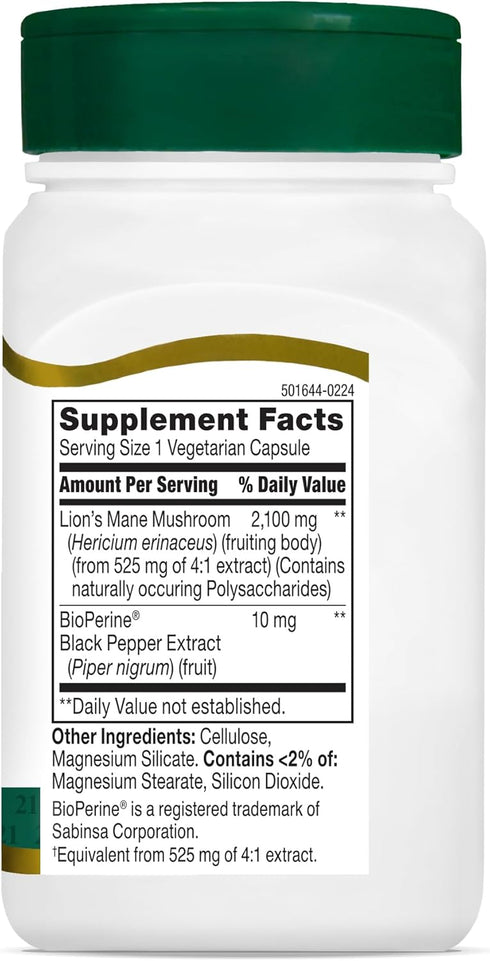 21st Century Lion's Mane 2,100 mg Vegetarian Capsules, Plus Black Pepper Extract, 60 Count