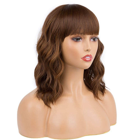 Short Curly Wigs with Bangs for Women, 14 Inches Wavy Bob Wig, Synthetic Heat Resistant Fiber Wigs (27-30)