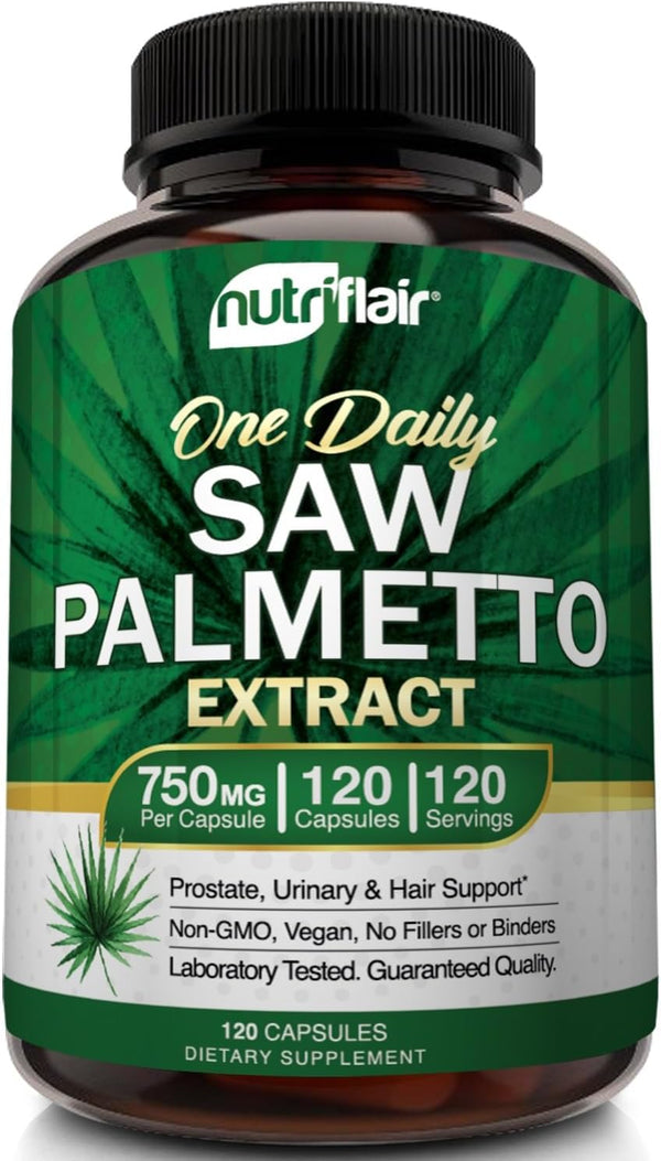 NutriFlair Saw Palmetto Extract 750mg, 120 Capsules, Natural Prostate Supplement, Berry Health Support