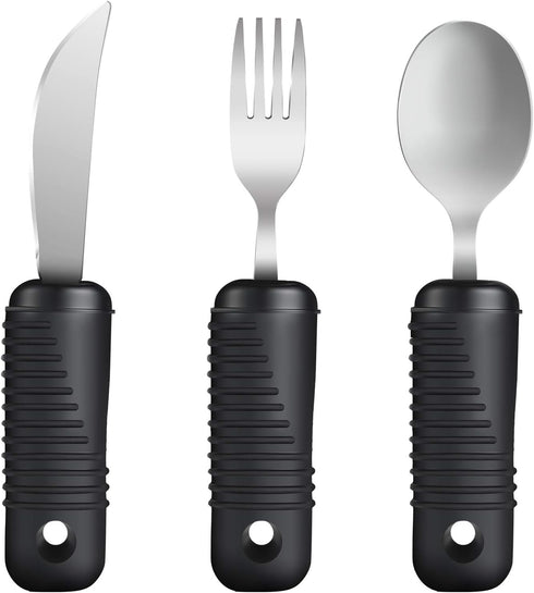 YPC Adaptive Utensils, Easy Grip Silverware, Built-Up Fork, Spoon, Rocker Knife for Adults with Arthritis, 3 Piece Set