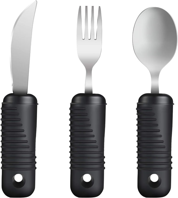 YPC Adaptive Utensils, Easy Grip Silverware, Built-Up Fork, Spoon, Rocker Knife for Adults with Arthritis, 3 Piece Set