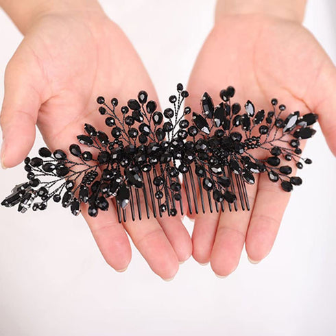 Women Dainty Black Rhinestones Crystal Bride Wedding Hair Comb Headband Luxurious Hair Accessories Shiny Black Rhinestones Crystals Bridal Side Hair Combs for Women Bride Girls