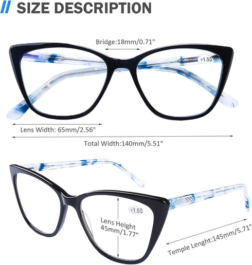 AQWANO Women Oversized Computer Reading Glasses, Vintage Designer Cat Eye Readers, Blue Light Blocking, Black 2.75