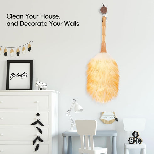 Feather Duster: Lambswool Duster with Solid Wooden Handle, Anti-Static Washable Reusable Small Hand Duster for Home