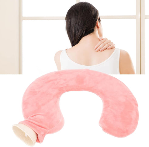 Jauarta U Shaped Hot Water Bottle Warm Neck Soft Rubber Hot Water Bag with Detachable Cloth Cover (Flesh Red)