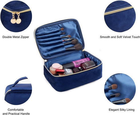 KOPY Velvet Makeup Bag for Women, Large Classy Makeup Organizer, Portable Travel Toiletry Bag with Handle (Navy)