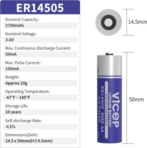ViCep 6-Pack ER14505 3.6V LS14500 2700mAh AA Lithium Battery Li-SOCL Compatible for Home Security System, Meter Reading