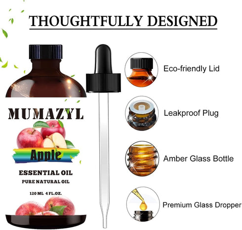 Apple Essential Oil - 4 Fl Oz 120ML for Diffuser, Humidifier, Yoga, Cleaning, DIY Candle & Soap Making