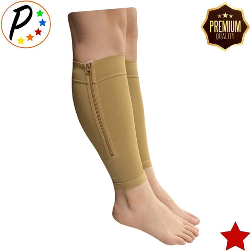 Shin Premium 20-30 mmHg Firm Compression Leg Calf Sleeve With Zipper (Beige, 2X-Large)