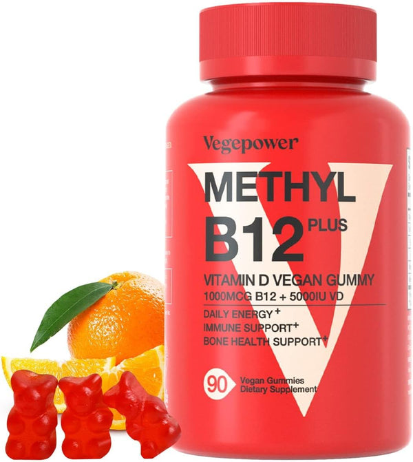 Vegan Vitamin B12 Gummies with Vitamin D - 90 Count, 1000 MCG Methyl B12 & D3, Supports Bone Health & Daily Energy