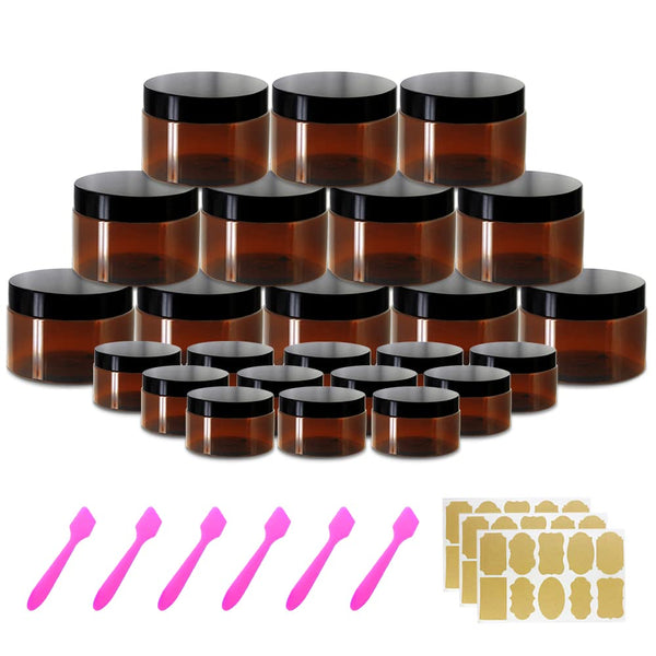 4oz Amber Plastic Jars with Lids, 24 Set of 4 oz Containers + 20g Sample Containers, Airtight for Lip Scrub, Body