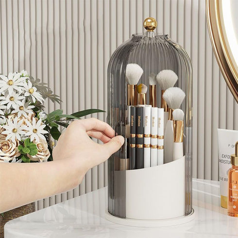 Makeup Brush Organizer with Lid, 360° Rotating Clear Dustproof Storage, Cup Pen Holder for Vanity Bathroom (Clear Black