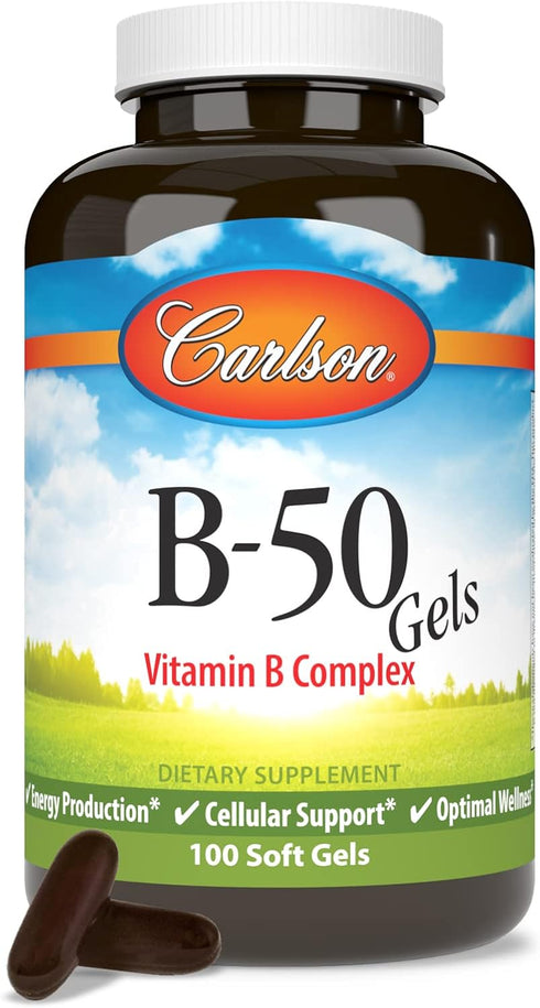 Carlson B-50 Gels, Vitamin B Complex for Energy Production, Cellular Support, Optimal Wellness, 100 Softgels