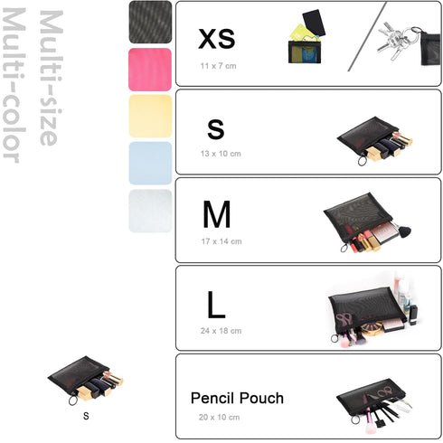 Patu Mini Zipper Mesh Bags, Black, 4" x 5", Size S / A7, 5 Pieces, Makeup Cosmetic Organizer