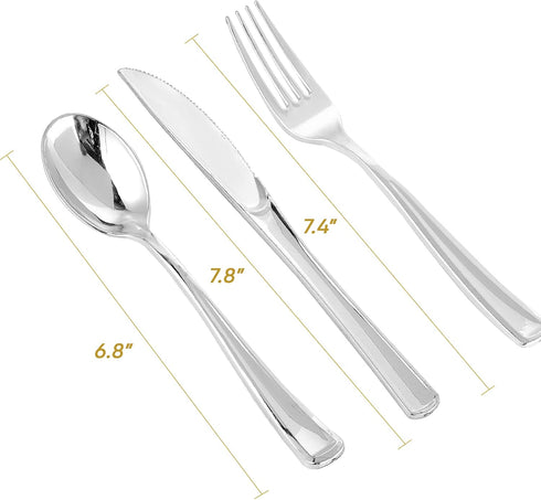 FOCUSLINE 300 Pack Silver Plastic Cutlery Set - 100 Forks, 100 Knives, 100 Spoons - Disposable Flatware Heavy Duty Plastic Silverware Set for Catering, Parties, Dinners, Weddings by FOCUSLINE