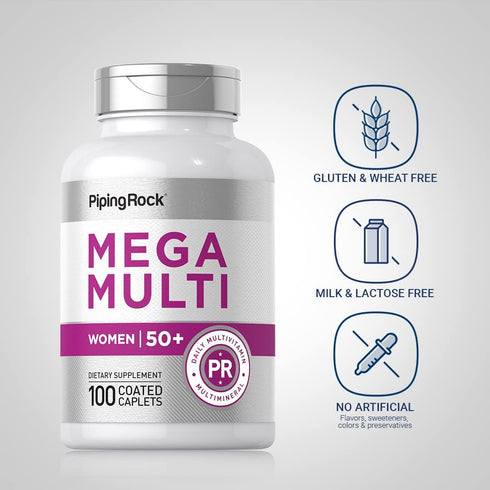 Piping Rock Women's Multivitamin 50 Plus, 100 Coated Caplets - Mega Multi Vitamin for Women, Non-GMO, Gluten Free