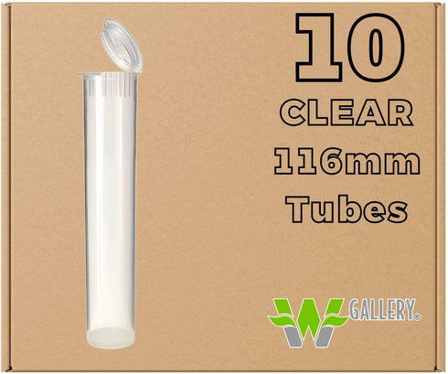 W Gallery 10 Clear 116mm OPEN CAP Pop Top Tubes, Airtight Smell Proof Containers for Pills Herbs Flowers Supplements