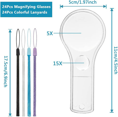 24 Pack Mini Plastic Magnifier, Handheld Reading Glasses 5X and 15X for Kids & Outdoor Science