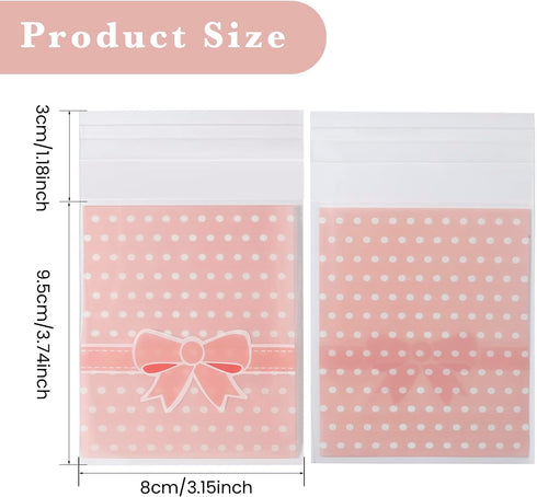NUOMI 200Pcs Self Adhesive Pink Cookie Bags, Resealable Cellophane Bags for Gift Giving, 3.9"x3.1" with Bow Decoration